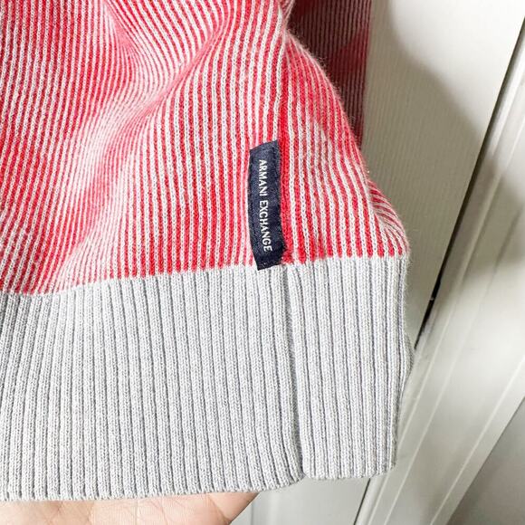A/X Armani Exchange Mens Small V-Neck Chevron‎ Stripe Red Gray Sweater - Picture 3 of 5